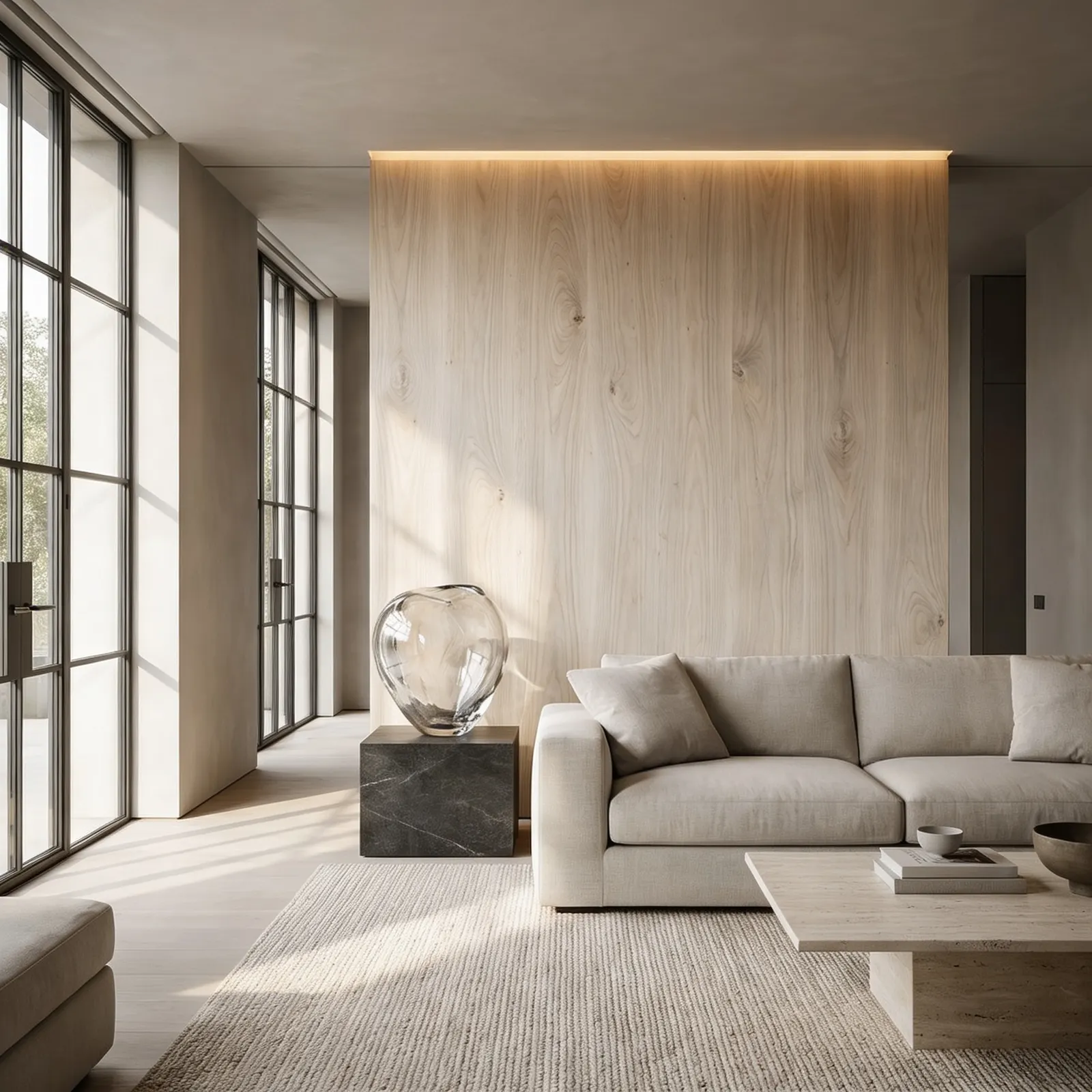 Sala minimalista com painel de madeira natural clara Braspan Nature